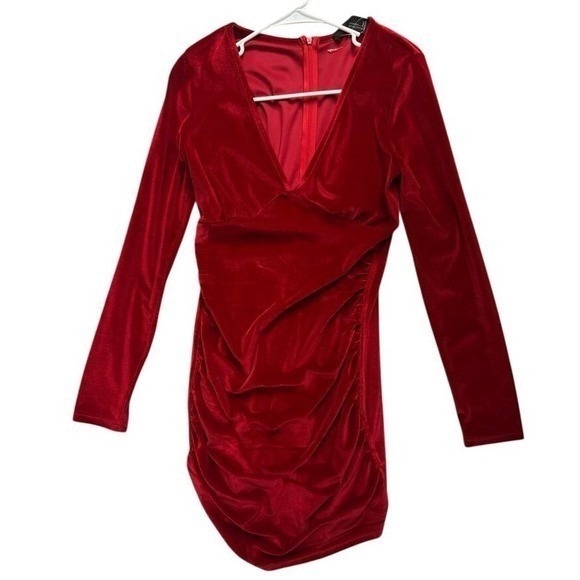 Red Sexy Velour Ruched Mini Date Night Valentines Day Cocktail Dress Size M - Picture 6 of 9